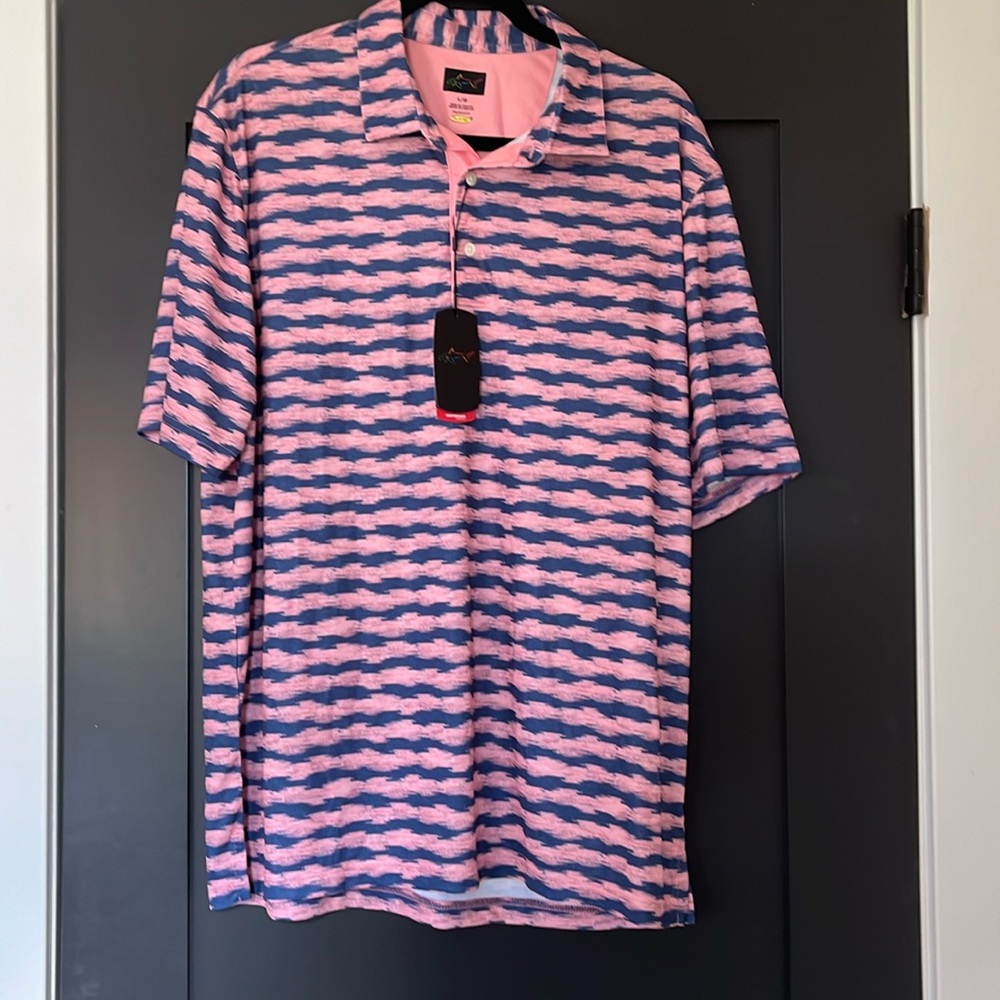 Greg Norman Play Dry Performance Fabric Golf Polo - Pink/Blue Design  Size Large